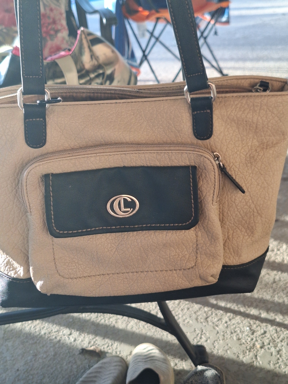 LC Lauren Conrad Beige and Black Shoulder Tote with Front Pocket